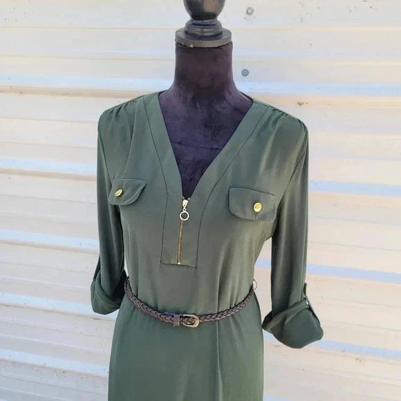 Soho Apparl Tunic Shift Convertible Sleeve Dress Green Stretch Belted Petite L - Picture 7 of 9